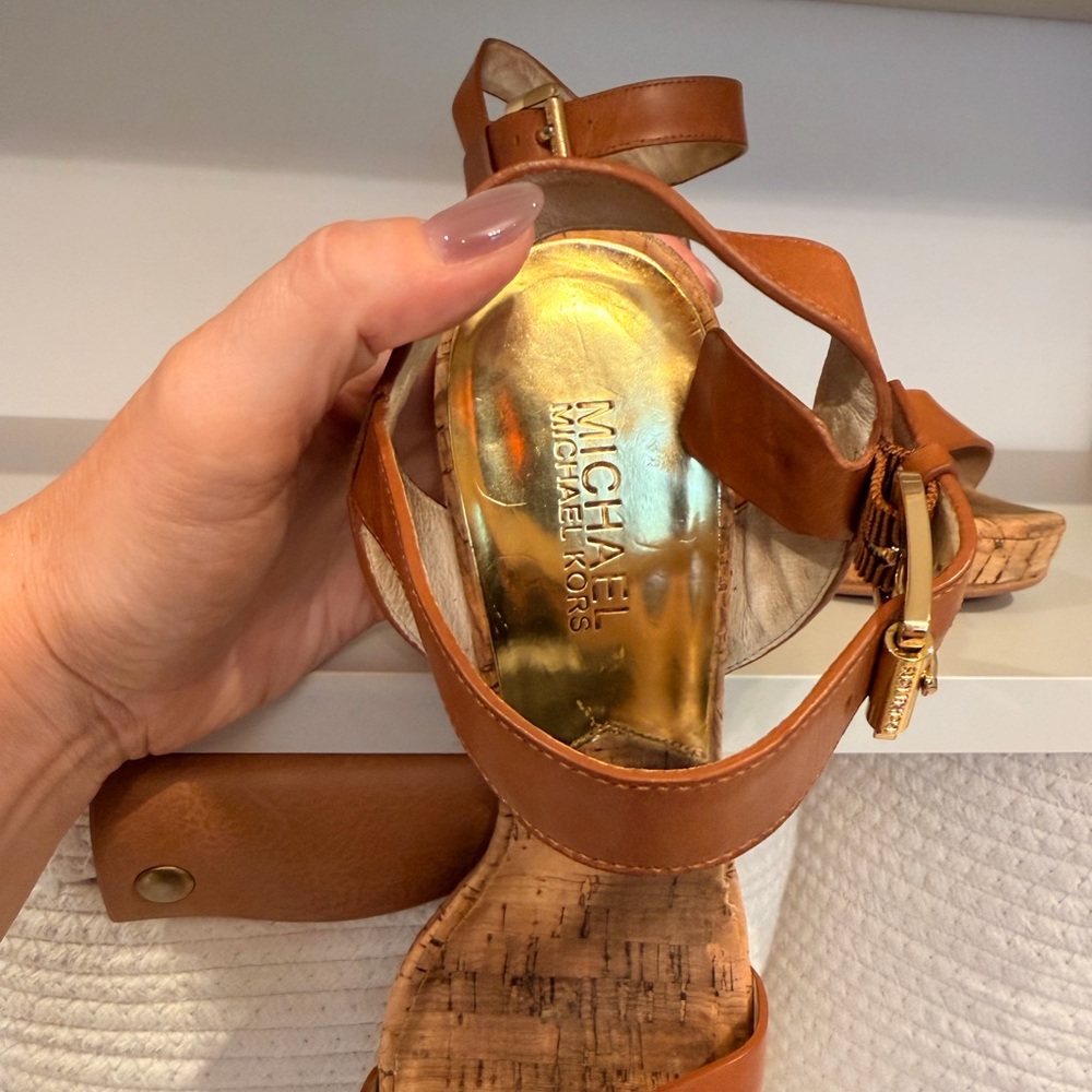 Michael Kors Cognac Leather Cork Platform Heels - Picture 4 of 13
